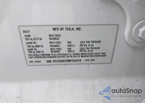 2021 Tesla Model Y Long Range Dual Motor All-Wheel Drive z USA, uszkodzony, nr VIN 5YJYGDEE0MF244216